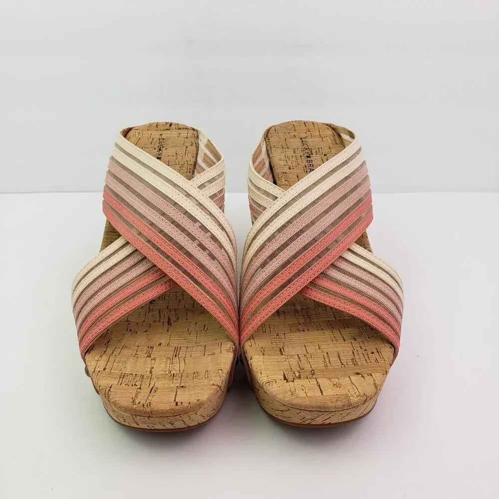 Lucky Brand Mykayla Womens Size 9.5 Pink White Cork Slide Wedge Sandals